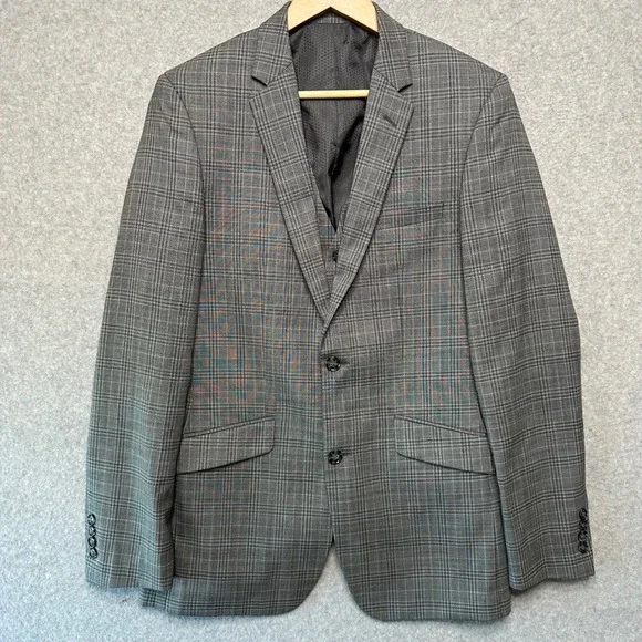 Linea Uomo Mens Grey Glen Plaid 3-Piece Performance Suit 38 Long 32 Waist Wool